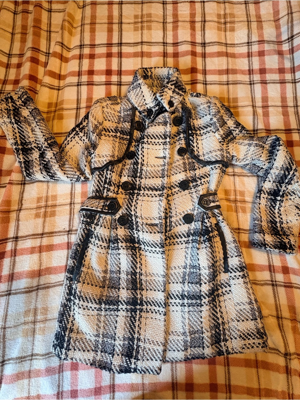 I.N. San Francisco Black and White Plaid Double-Breasted Trench Coat